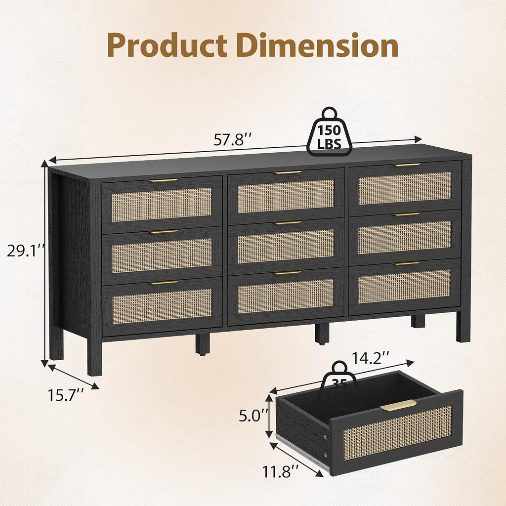 LOUVIXA Rattan Chest of Dressers, Wooden Drawer Dresser, 9 Drawers Rattan Dresser for Bedroom, Living Room, Hallway (Black, 9 Drawers)