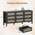 LOUVIXA Rattan Chest of Dressers, Wooden Drawer Dresser, 9 Drawers Rattan Dresser for Bedroom, Living Room, Hallway (Black, 9 Drawers)