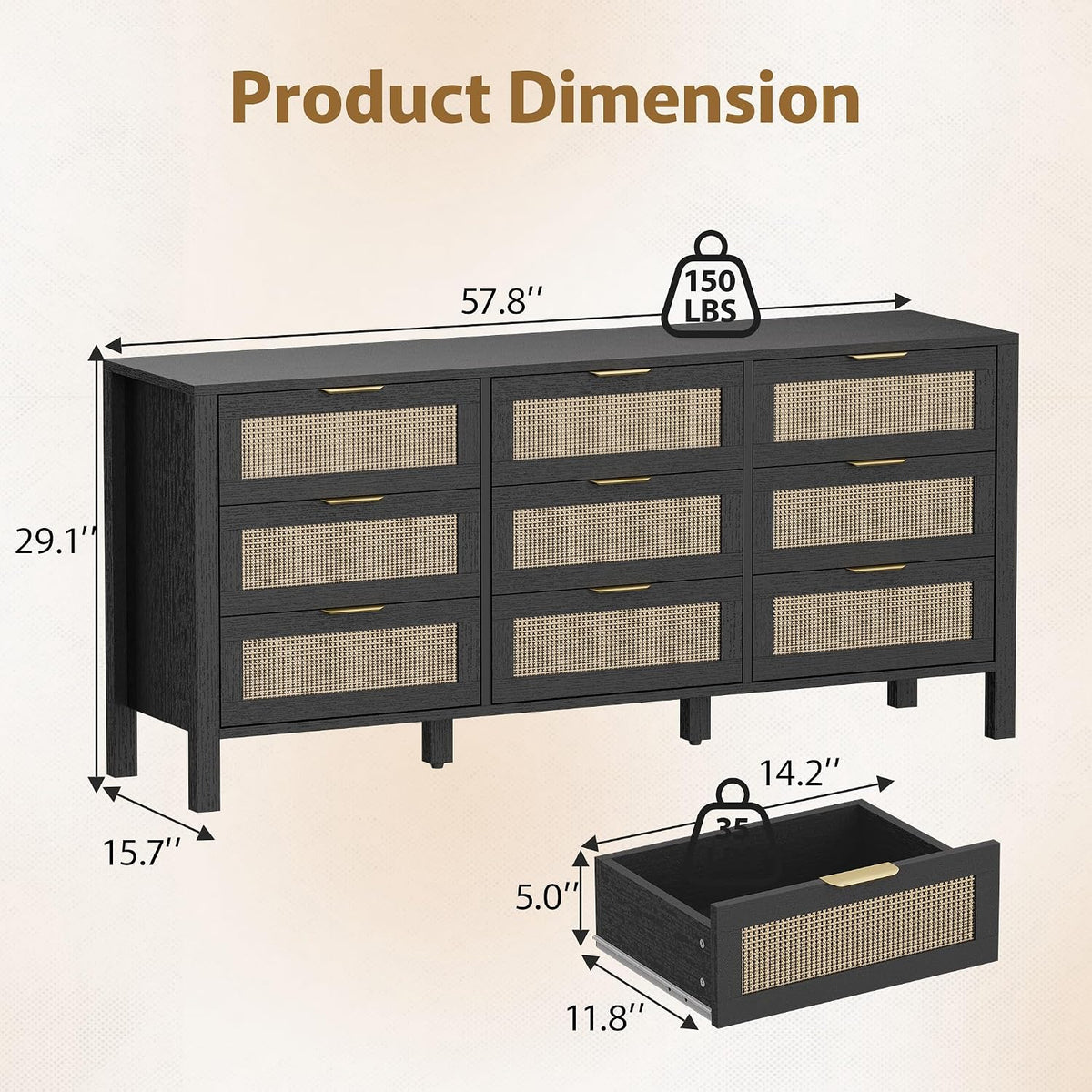 LOUVIXA Rattan Chest of Dressers, Wooden Drawer Dresser, 9 Drawers Rattan Dresser for Bedroom, Living Room, Hallway (Black, 9 Drawers)