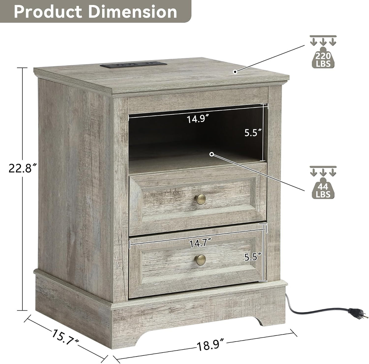LOUVIXA Farmhouse Bedroom Sets of 3, 3Pcs Farmhouse Dresser Set, Including 5 Drawer Dressers and Nightstand Set of 2 with Charging Station (Grey Sets