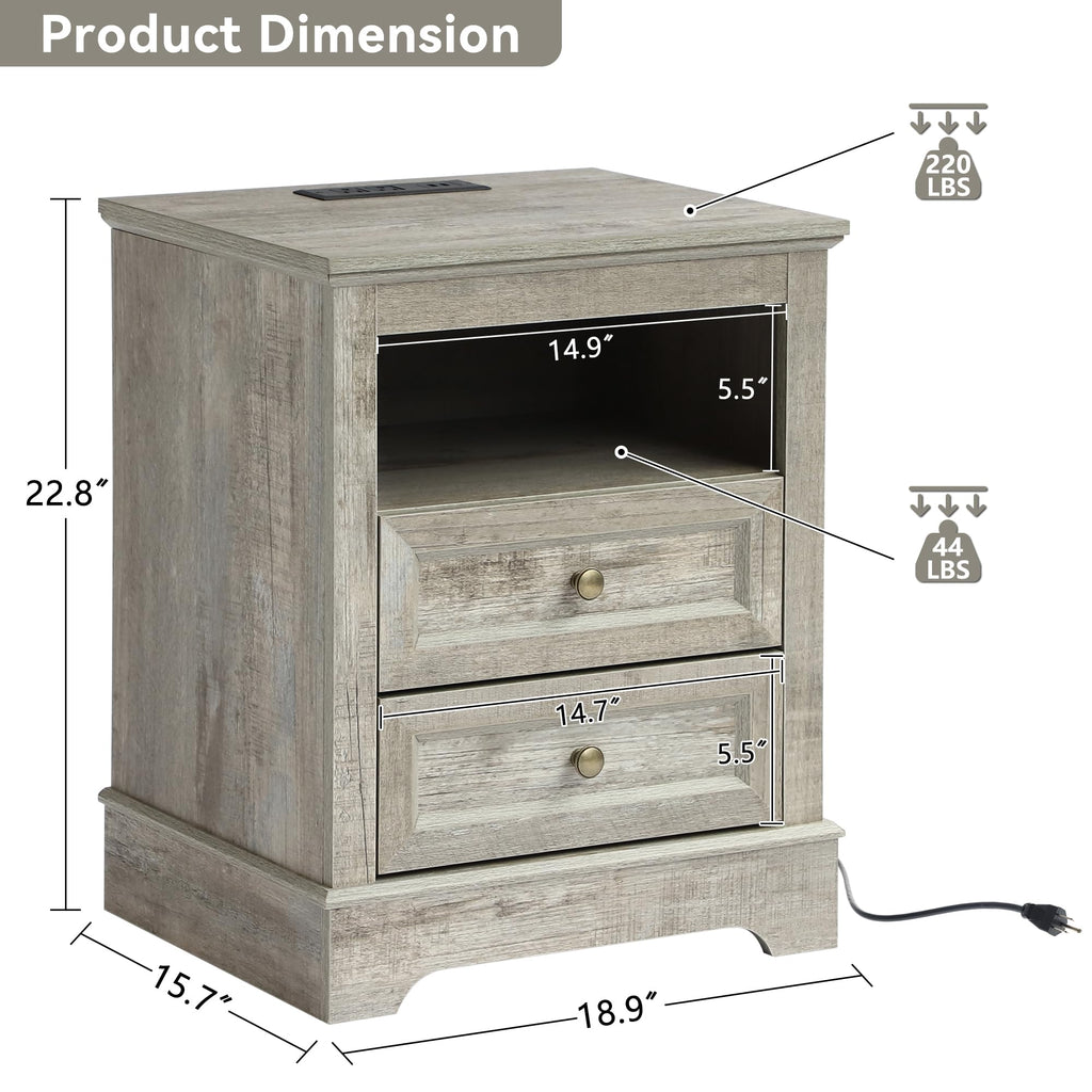 LOUVIXA Nightstand with Charging Station, Farmhouse Night Stand with 2 Drawers, Bedside Cabinet for Bedroom, End Table Side Table with Storage (1, White)