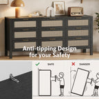 LOUVIXA Rattan Chest of Dressers, Wooden Drawer Dresser, 9 Drawers Rattan Dresser for Bedroom, Living Room, Hallway (Black, 9 Drawers)
