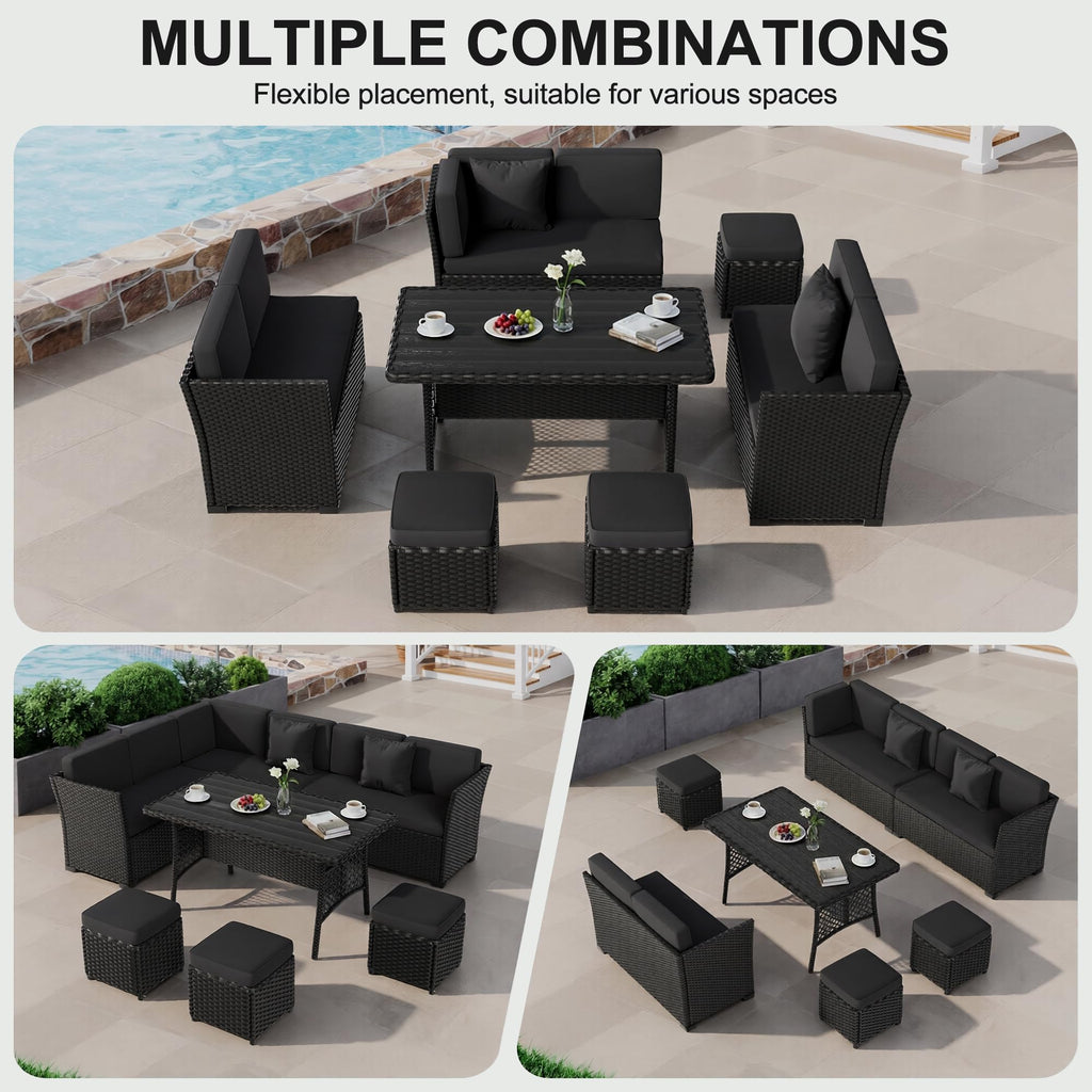 LOUVIXA 7 Pieces Patio Furniture Set, Outdoor Patio Furniture, Wicker Conversation Set with Dining Table, Chairs and Ottoman (6237 Grey-Brown)
