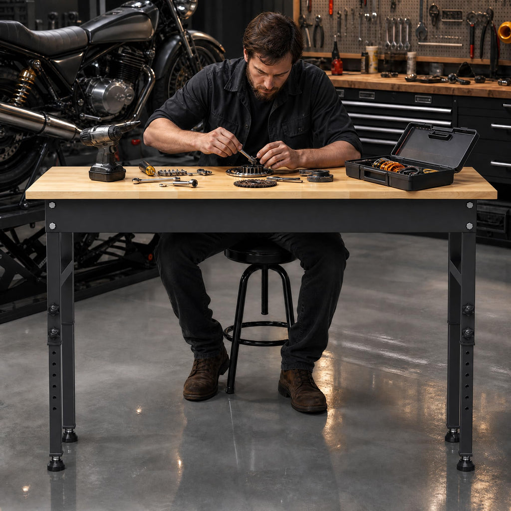 94.5" Heavy Duty Workbench, Height Adjustable Garage Work Table, Workstation Desk with Power Strip2, Workbench with Pegboard, 2000LBS Max Load