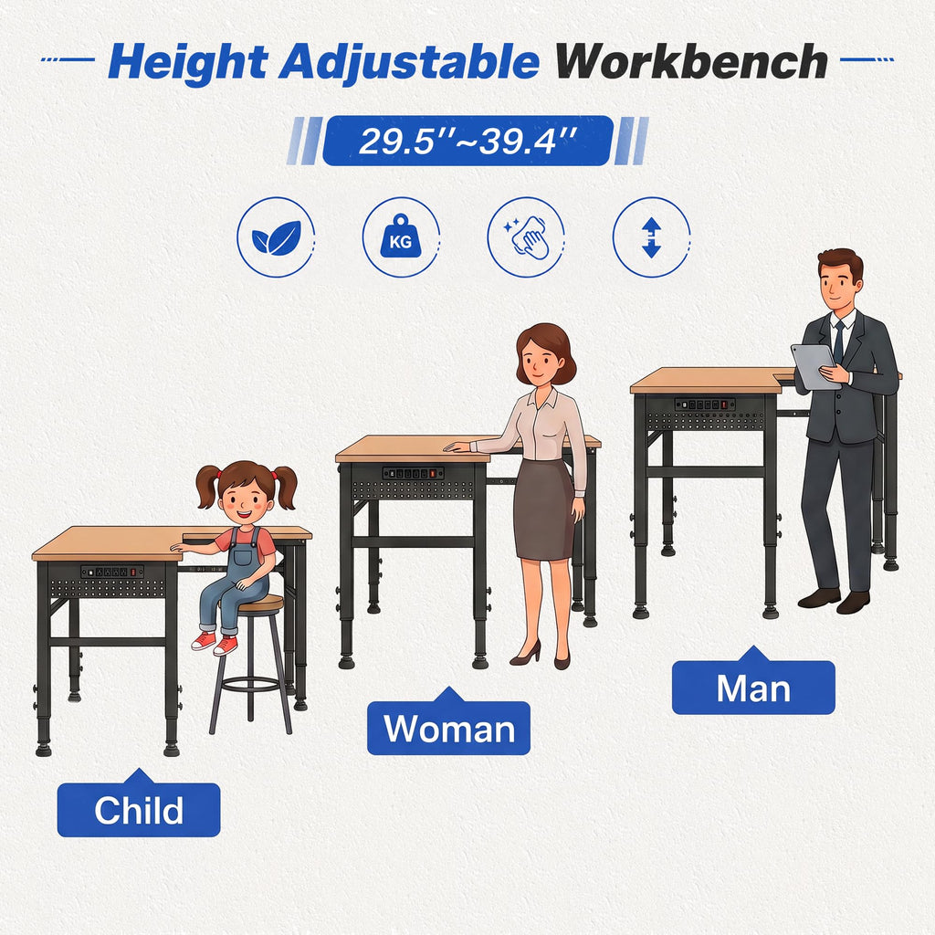 94.5" Heavy Duty Workbench, Height Adjustable Garage Work Table, Workstation Desk with Power Strip2, Workbench with Pegboard, 2000LBS Max Load