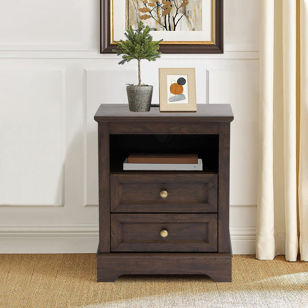 LOUVIXA Nightstand with Charging Station, Farmhouse Night Stand with 2 Drawers, Bedside Cabinet for Bedroom, End Table Side Table with Storage (1, White)