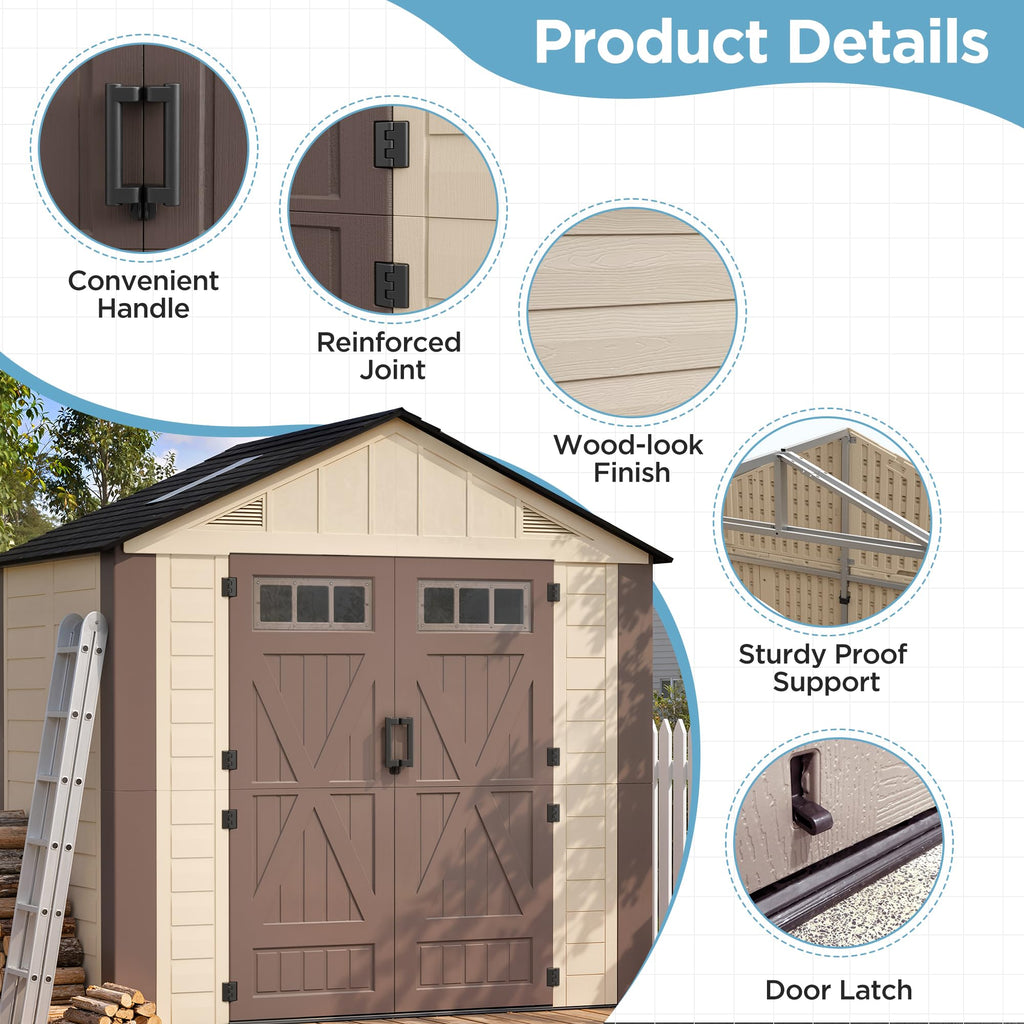 8x6 Resin Shed with Floor, Plastic Storage Shed with Window, Outside Storage Sheds with Lockable Door, Vents for Backyard, Garden, Lawn (8FTx6FT)