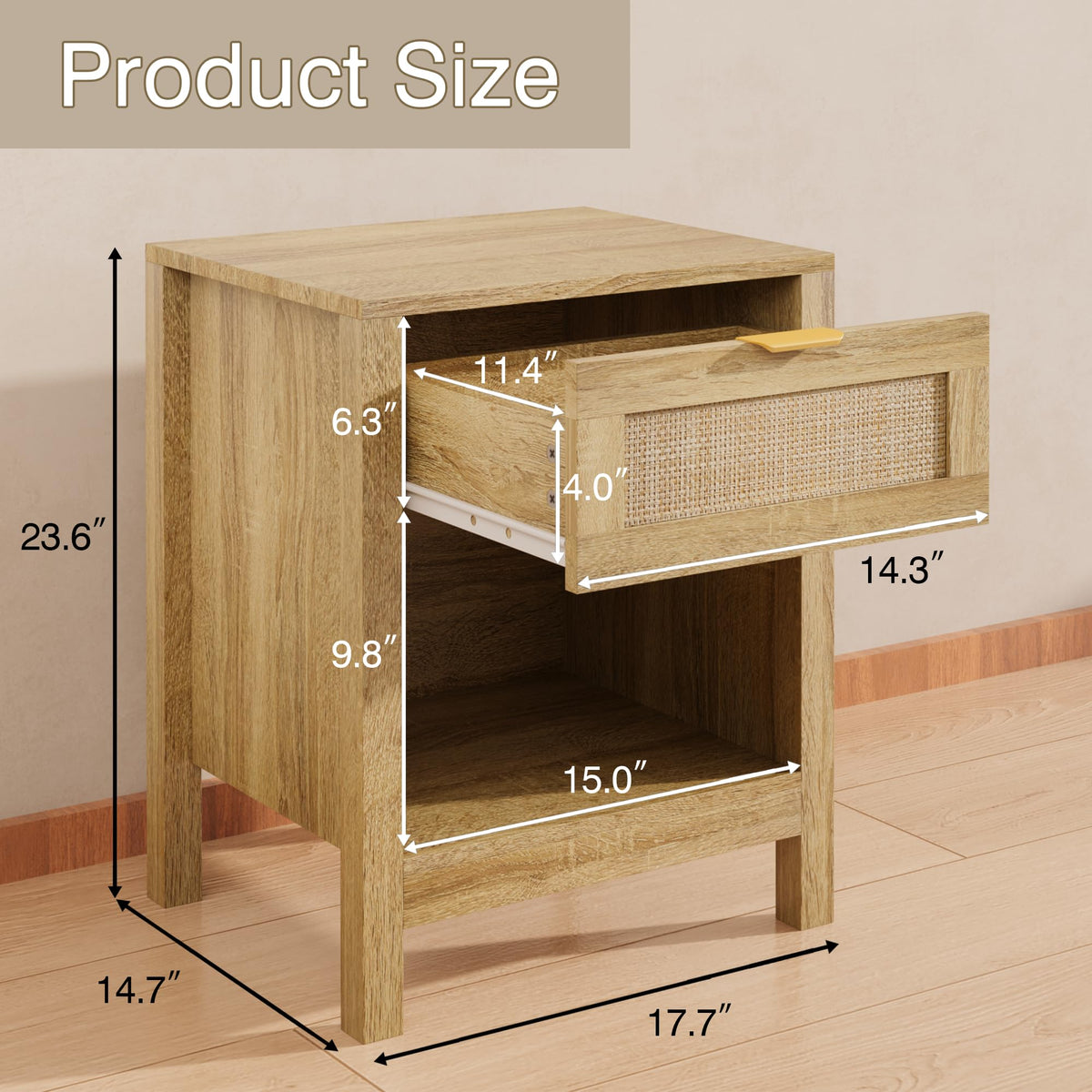 LOUVIXA Rattan Nightstand Set of 2, Boho Bed Side Tables, Nightstand with Drawer and Storage Shelf, Rattan End Tables for Living Room, Bedroom, Small Space