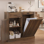 LOUVIXA Double Tilt Out Trash Cabinet, Kitchen Island with Trash Storage, Trashcan Cabinet for Kitchens, Wood Cabinet with Trash Can Pull Out, Dog Proof Trash Can (Off White, 20 Gal)