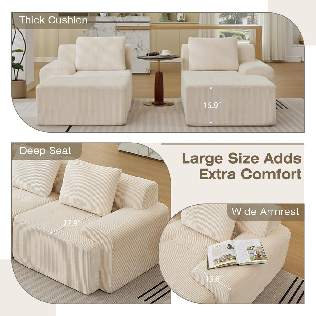 Modular Sectional Sofa, Boneless Couches for Living Room, Corduroy Couch, Big Comfy Couch, Modular Cloud Sofa with Deep Seat (Grey, 2 Pieces-Loveseat)
