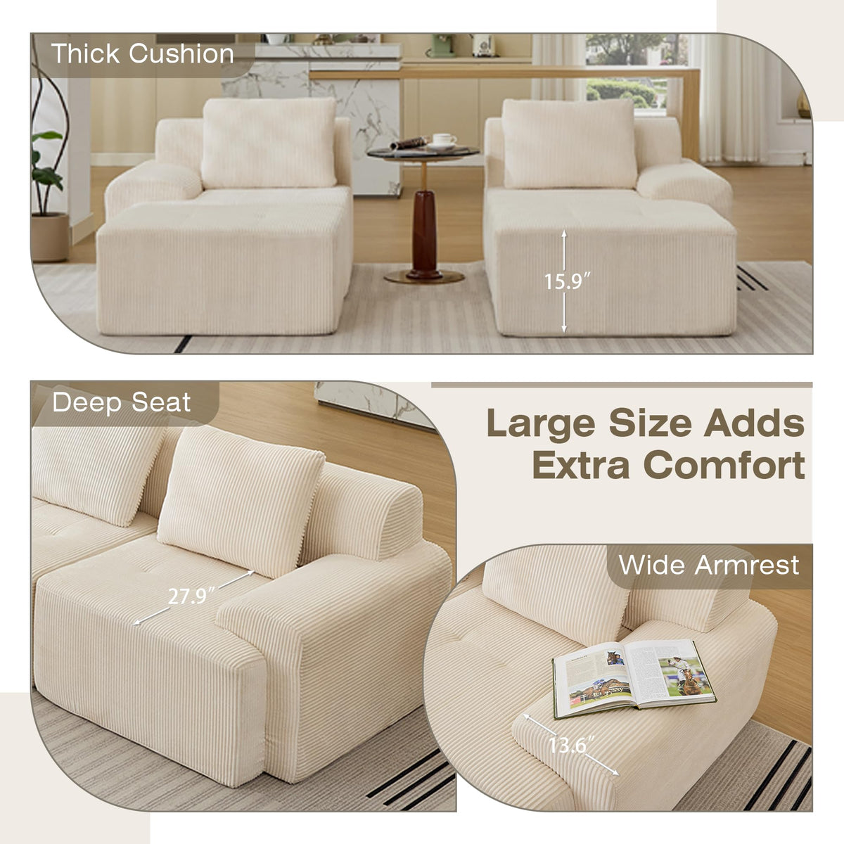 Modular Sectional Sofa, Boneless Couches for Living Room, Corduroy Couch, Big Comfy Couch, Modular Cloud Sofa with Deep Seat (Grey, 2 Pieces-Loveseat)