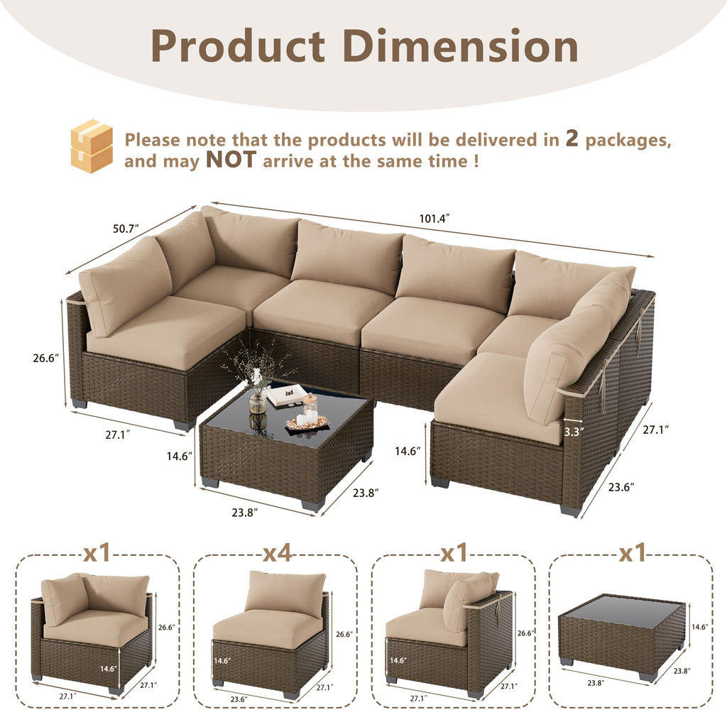 LOUVIXA 7 Piece Outdoor Patio Furniture Set, Rattan Chairs Glass Table Wicker Conversation Seating Sectional Sofa with Cushions (Brown-Camel, 7Pcs-2 Layer Coffee Table)