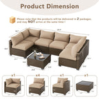 LOUVIXA 7 Piece Outdoor Patio Furniture Set, Rattan Chairs Glass Table Wicker Conversation Seating Sectional Sofa with Cushions (Brown-Camel, 7Pcs-2 Layer Coffee Table)