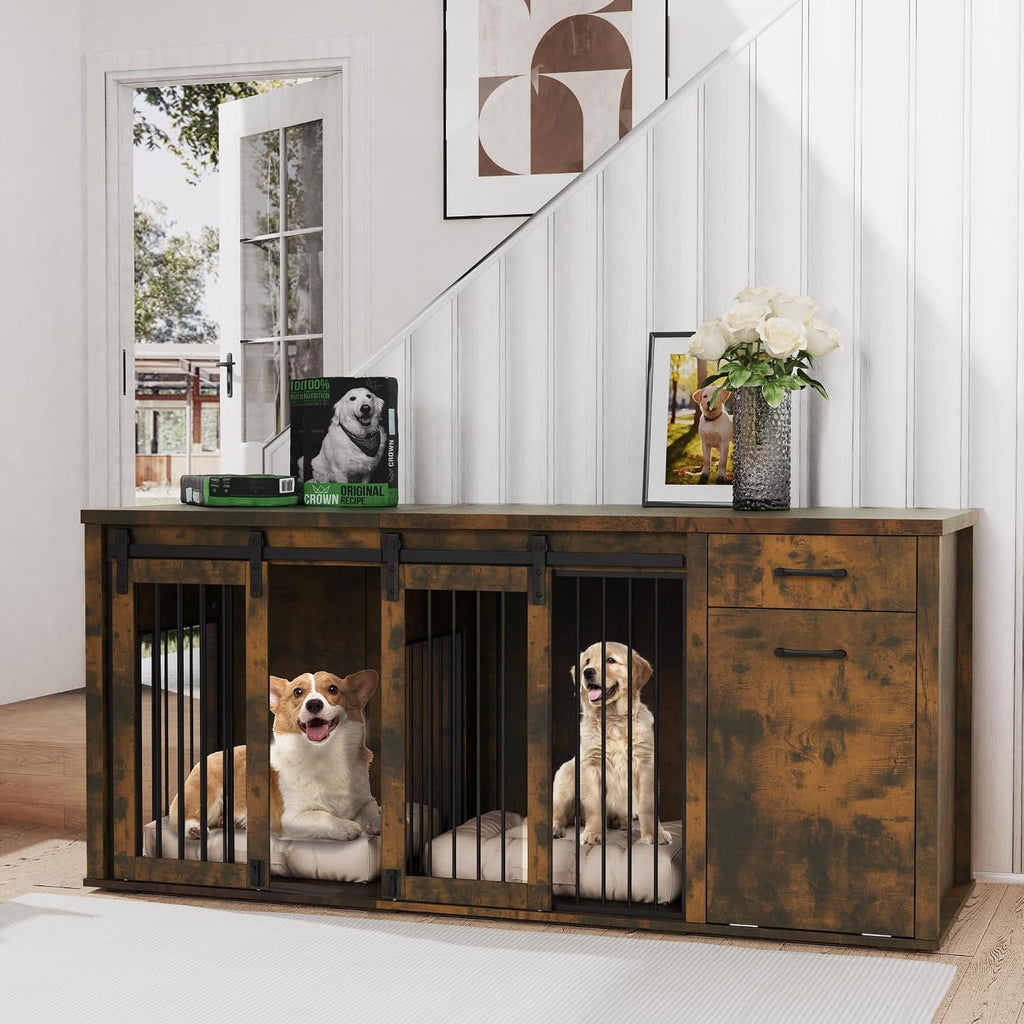 71" Large Dog Crate Furniture for 2 Dogs, Wood Dog Kennel with Drawer, Furniture Style Dog Crates, Decorative Dog Crate with Tilt Out Trash Cabinet, Divider and Sliding Barn Door (Retro Bright Brown)