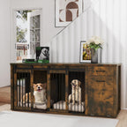 71" Large Dog Crate Furniture for 2 Dogs, Wood Dog Kennel with Drawer, Furniture Style Dog Crates, Decorative Dog Crate with Tilt Out Trash Cabinet, Divider and Sliding Barn Door (Retro Bright Brown)