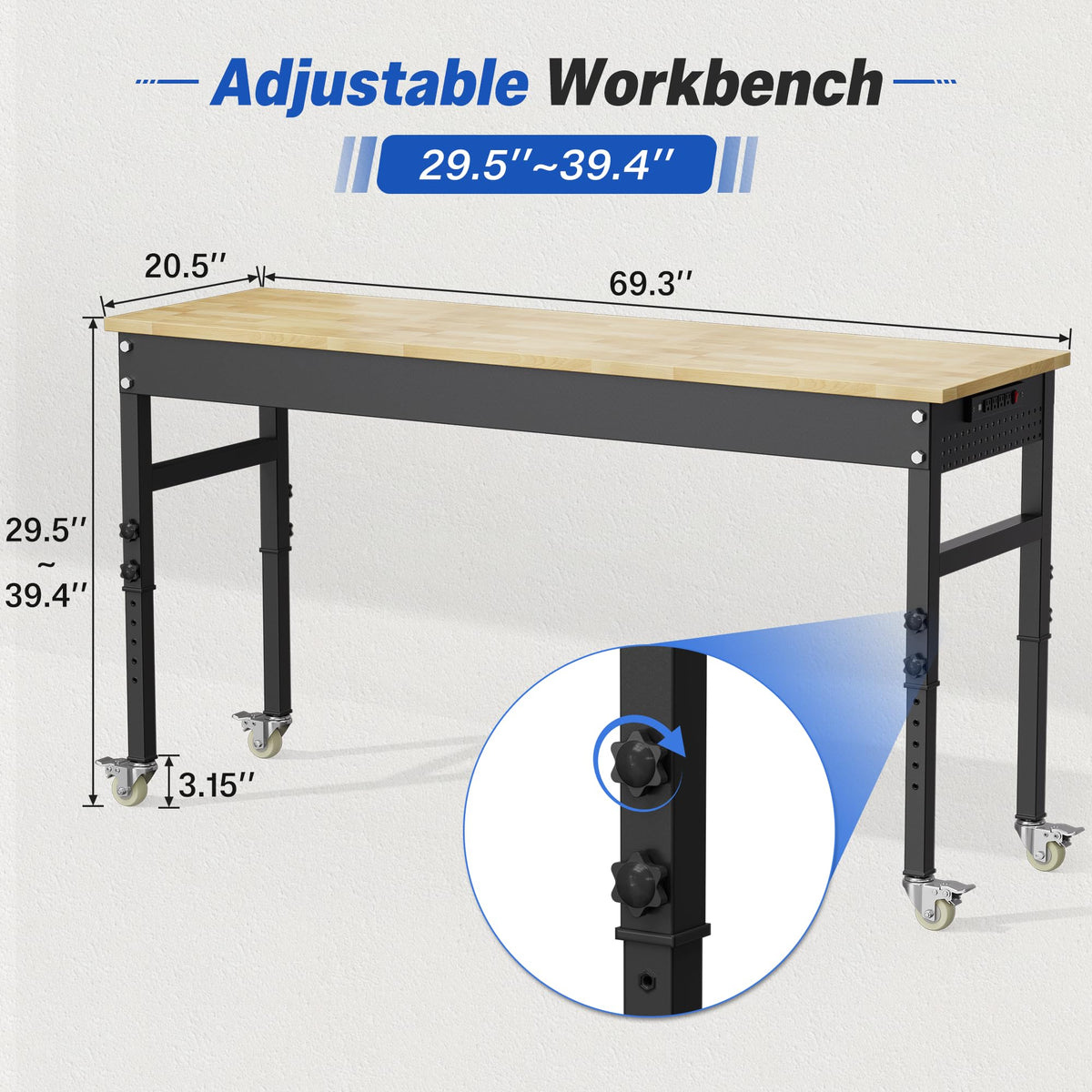 94.5" Heavy Duty Workbench, Height Adjustable Garage Work Table, Workstation Desk with Power Strip2, Workbench with Pegboard, 2000LBS Max Load