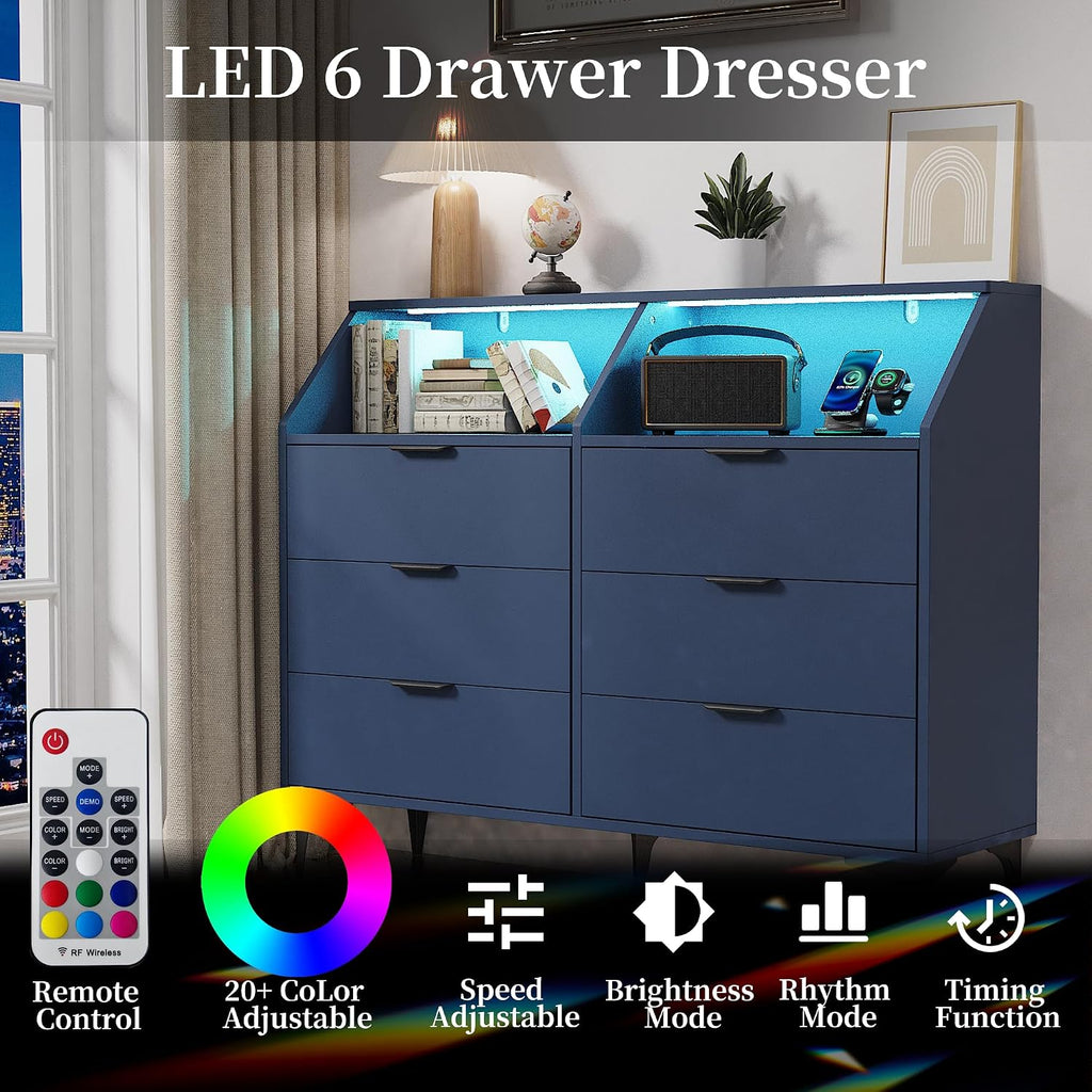 LOUVIXA 6 Drawer Dresser with LED Light, Chest of Drawers with Charging Station, Large Double Dressers, Wooden Dressers for Bedroom, Living Room, Entryway, Hallway (Blue)