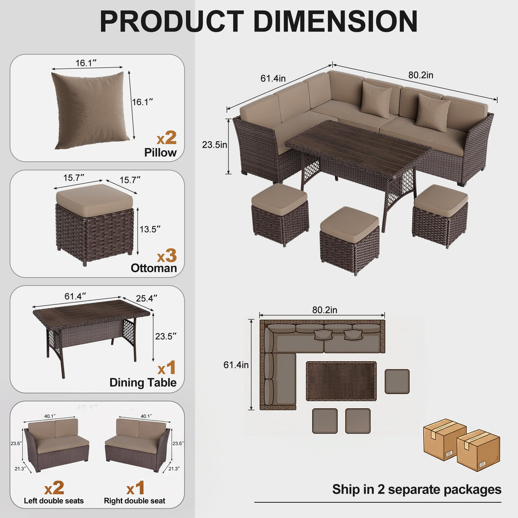 LOUVIXA 7 Pieces Patio Furniture Set, Outdoor Patio Furniture, Wicker Conversation Set with Dining Table, Chairs and Ottoman (6237 Grey-Brown)