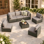 LOUVIXA 7 Piece Outdoor Patio Furniture Set, Rattan Chairs Glass Table Wicker Conversation Seating Sectional Sofa with Cushions (Brown-Camel, 7Pcs-2 Layer Coffee Table)