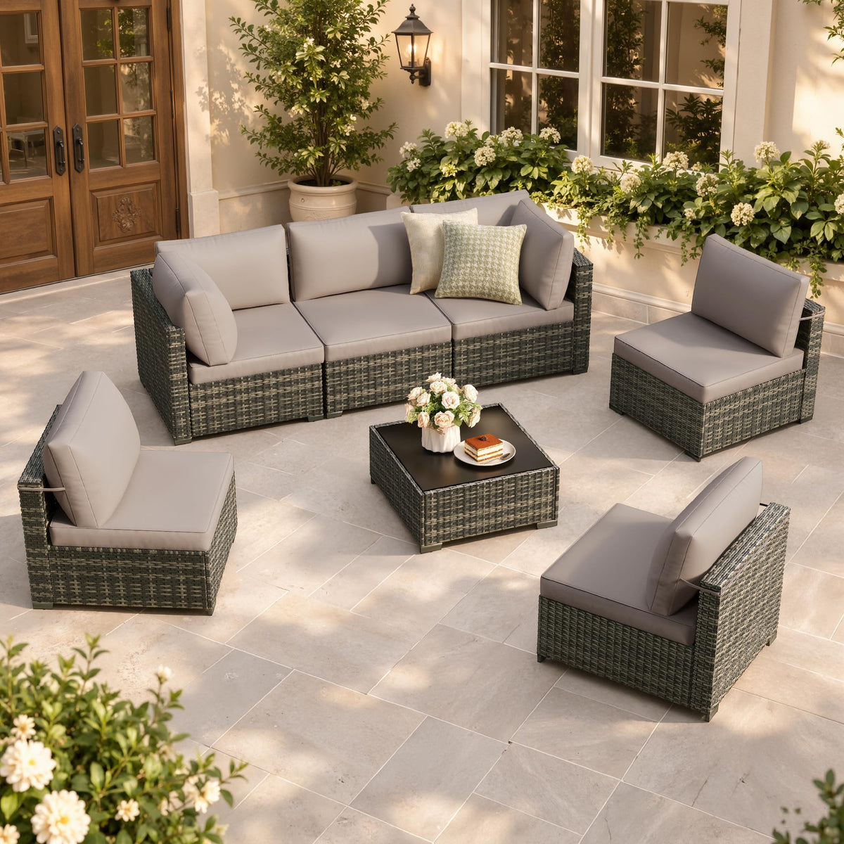 LOUVIXA 7 Piece Outdoor Patio Furniture Set, Rattan Chairs Glass Table Wicker Conversation Seating Sectional Sofa with Cushions (Brown-Camel, 7Pcs-2 Layer Coffee Table)