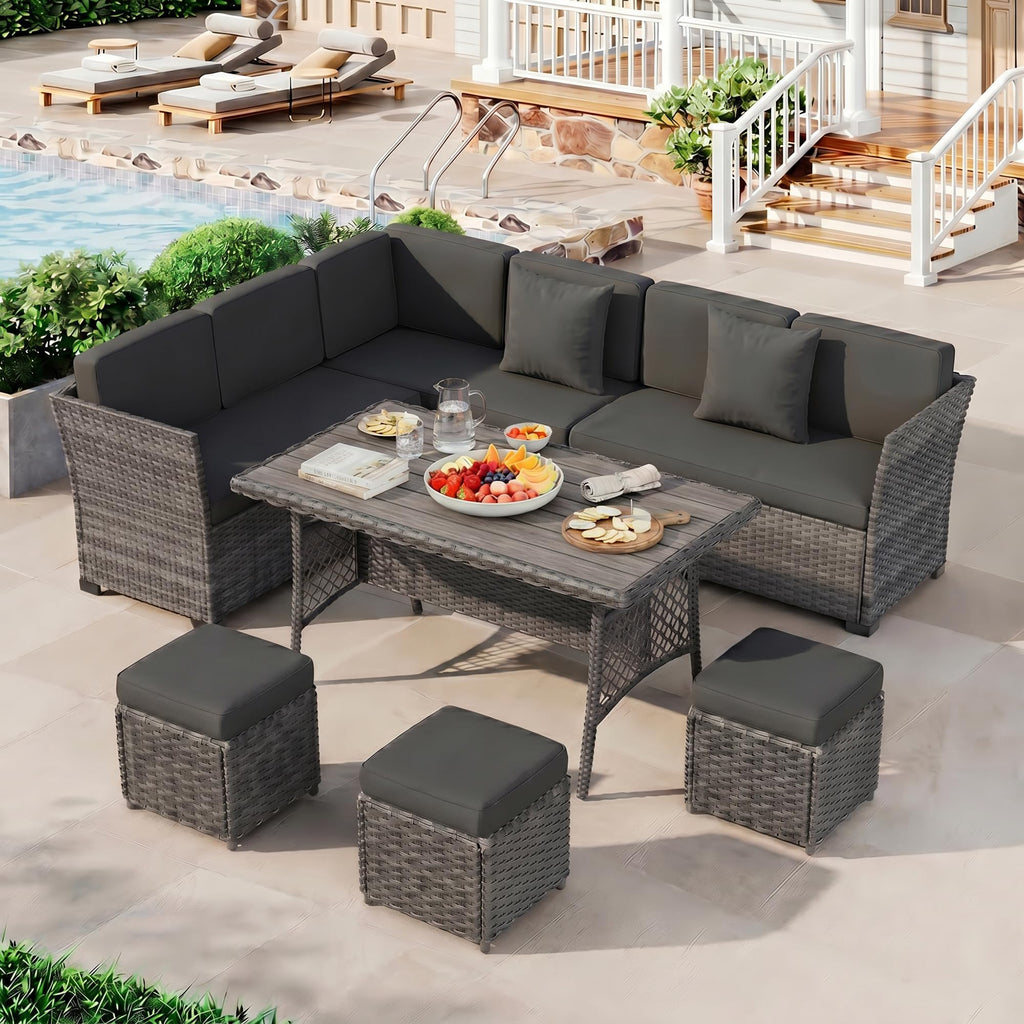 LOUVIXA 7 Pieces Patio Furniture Set, Outdoor Patio Furniture, Wicker Conversation Set with Dining Table, Chairs and Ottoman (6237 Grey-Brown)