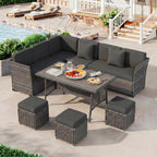 LOUVIXA 7 Pieces Patio Furniture Set, Outdoor Patio Furniture, Wicker Conversation Set with Dining Table, Chairs and Ottoman (6237 Grey-Brown)