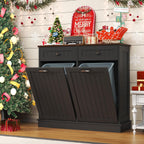 LOUVIXA Tilt Out Trash Can Cabinet Dog Proof with Double Wood Hidden Trash Can Holder, Kitchen Free Standing Recycling Cabinet（Black）