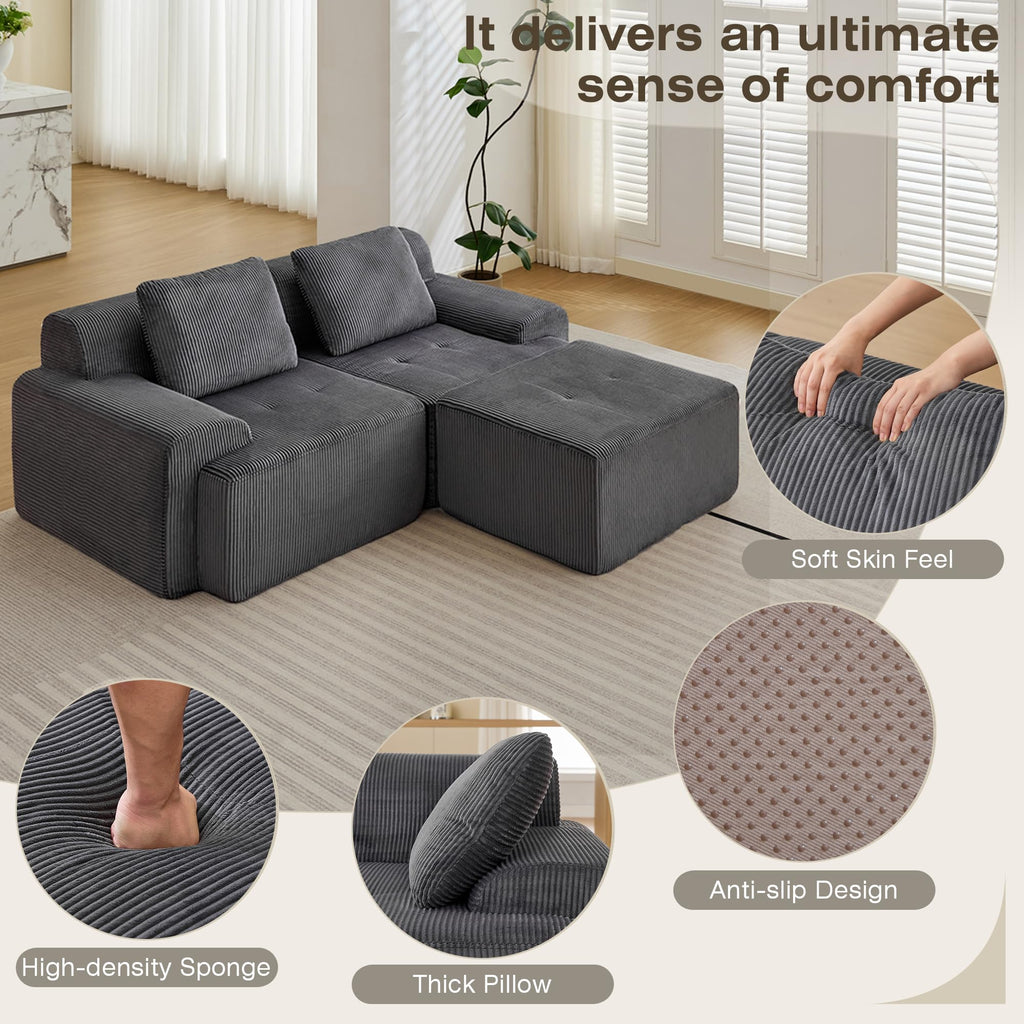 Modular Sectional Sofa, Boneless Couches for Living Room, Corduroy Couch, Big Comfy Couch, Modular Cloud Sofa with Deep Seat (Grey, 2 Pieces-Loveseat)