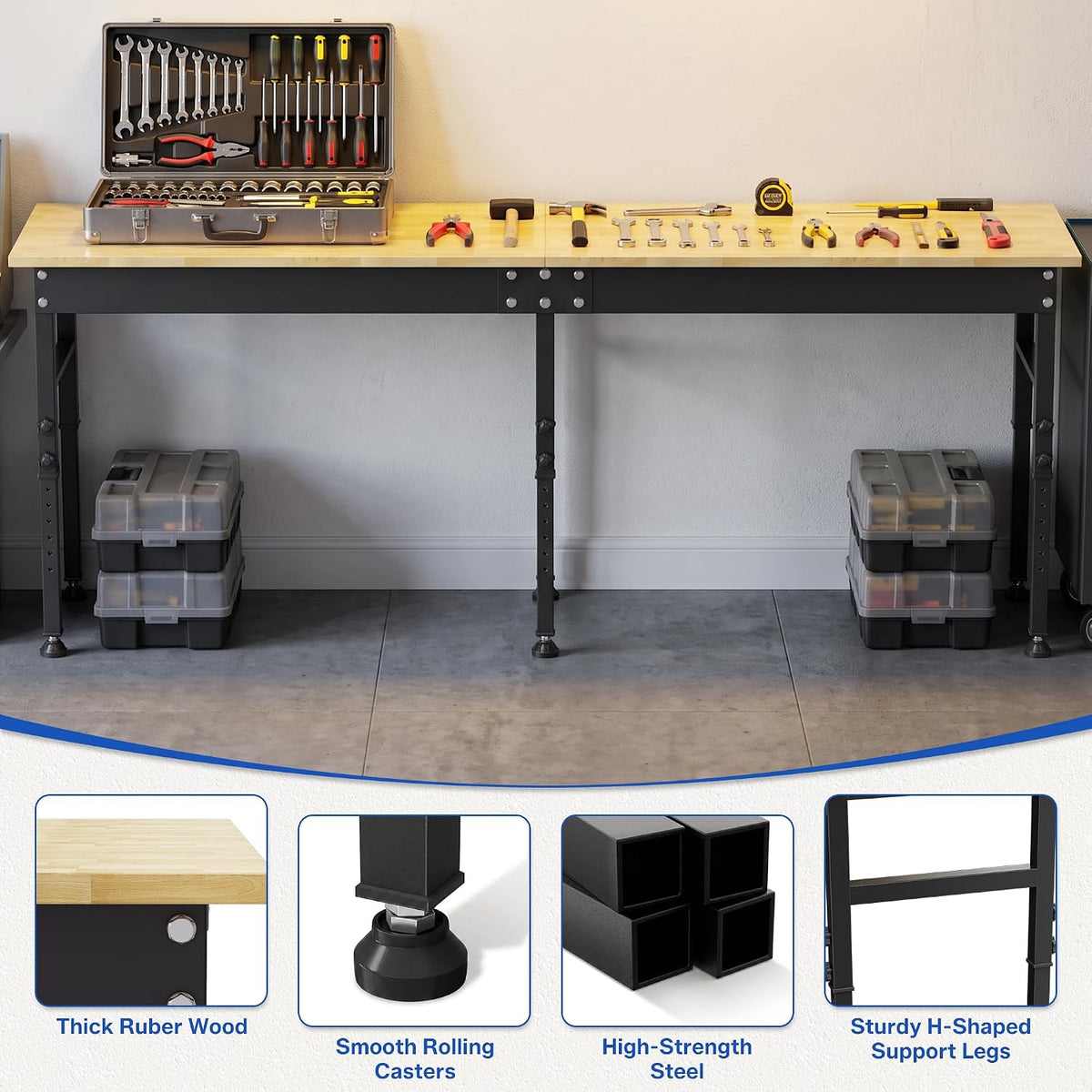 94.5" Heavy Duty Workbench, Height Adjustable Garage Work Table, Workstation Desk with Power Strip2, Workbench with Pegboard, 2000LBS Max Load