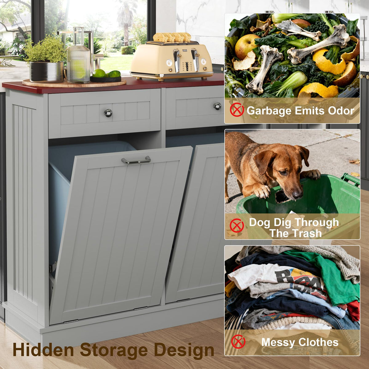 LOUVIXA Tilt Out Trash Can Cabinet Dog Proof with Double Wood Hidden Trash Can Holder, Kitchen Free Standing Recycling Cabinet（Black）