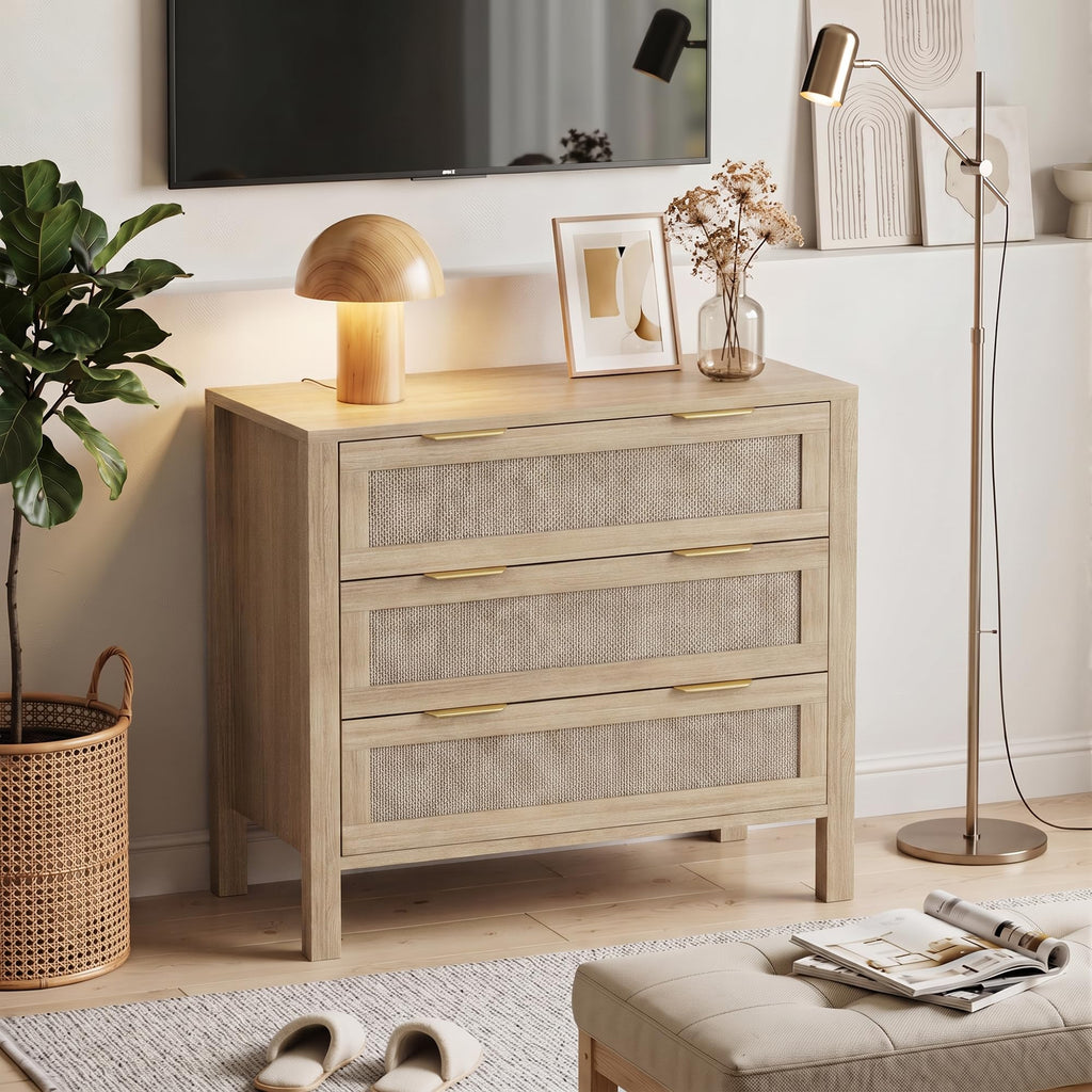 LOUVIXA Rattan Chest of Dressers, Wooden Drawer Dresser, 9 Drawers Rattan Dresser for Bedroom, Living Room, Hallway (Black, 9 Drawers)