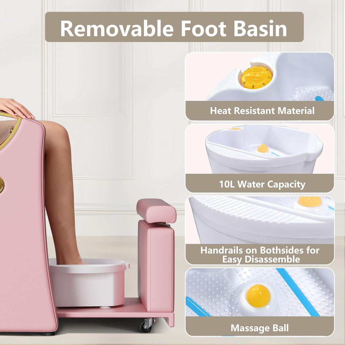 LOUVIXA Pedicure Station for Nail Tech, Reclining Pedicure Chair with Massage Foot Bath, No Plumbing Pedicure Station Unit (Sweet Pink)