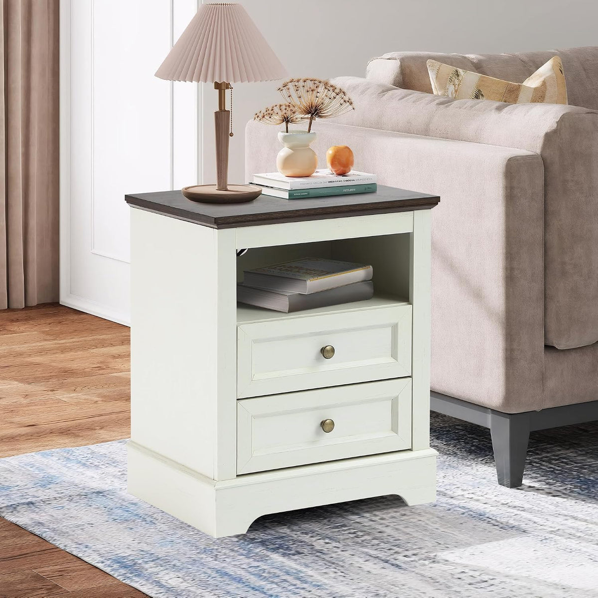 LOUVIXA Nightstand with Charging Station, Farmhouse Night Stand with 2 Drawers, Bedside Cabinet for Bedroom, End Table Side Table with Storage (1, White)
