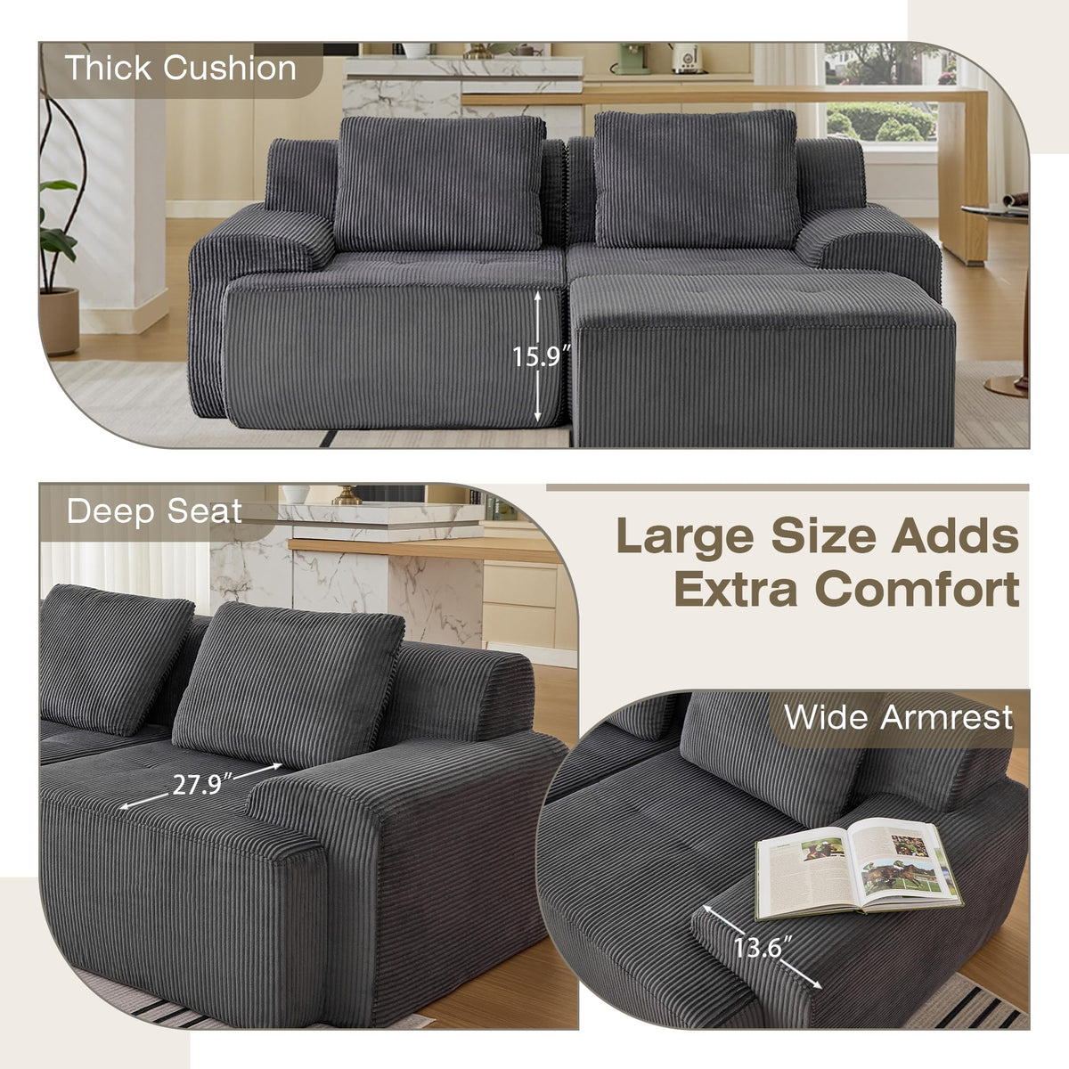 Modular Sectional Sofa, Boneless Couches for Living Room, Corduroy Couch, Big Comfy Couch, Modular Cloud Sofa with Deep Seat (Grey, 2 Pieces-Loveseat)