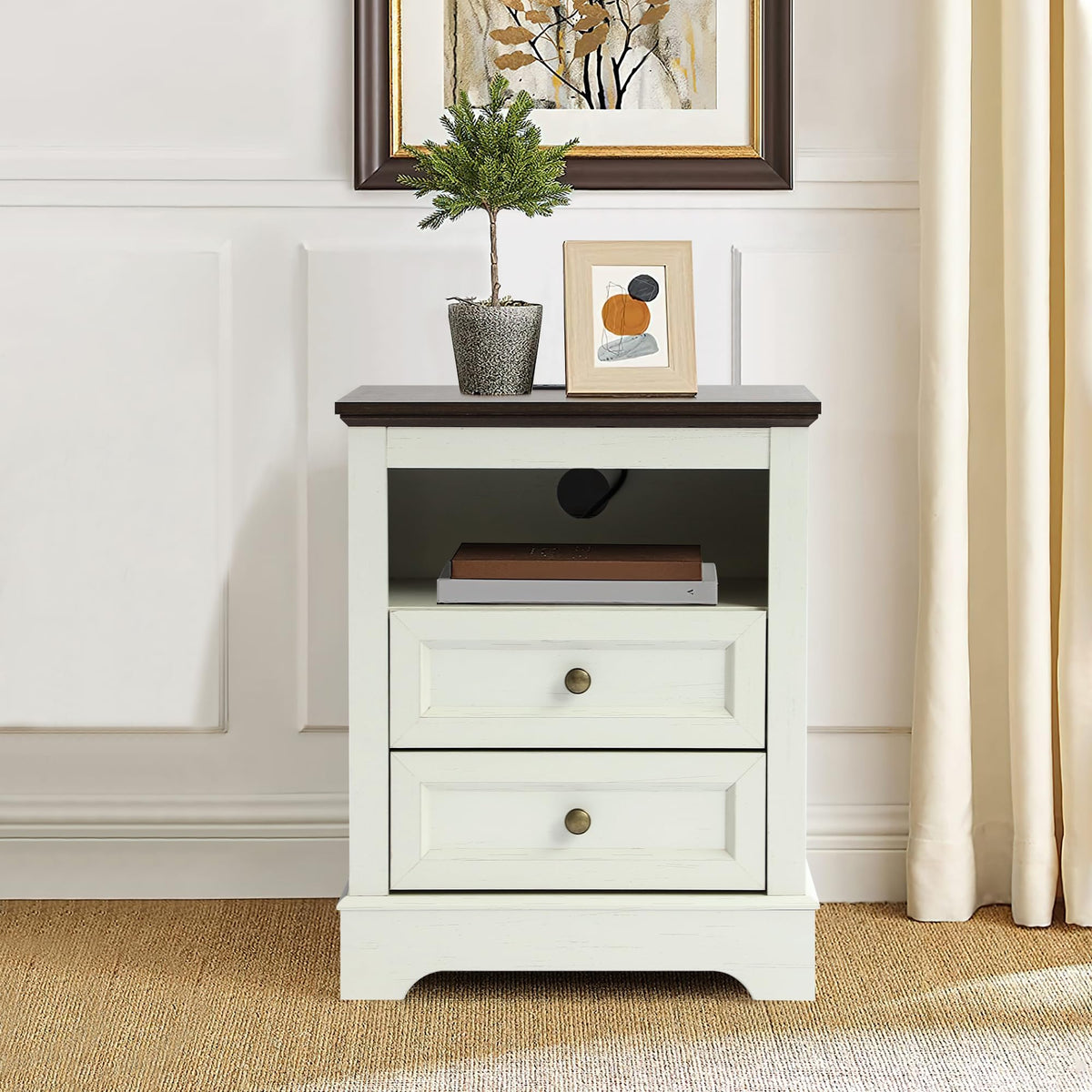 LOUVIXA Nightstand with Charging Station, Farmhouse Night Stand with 2 Drawers, Bedside Cabinet for Bedroom, End Table Side Table with Storage (1, White)