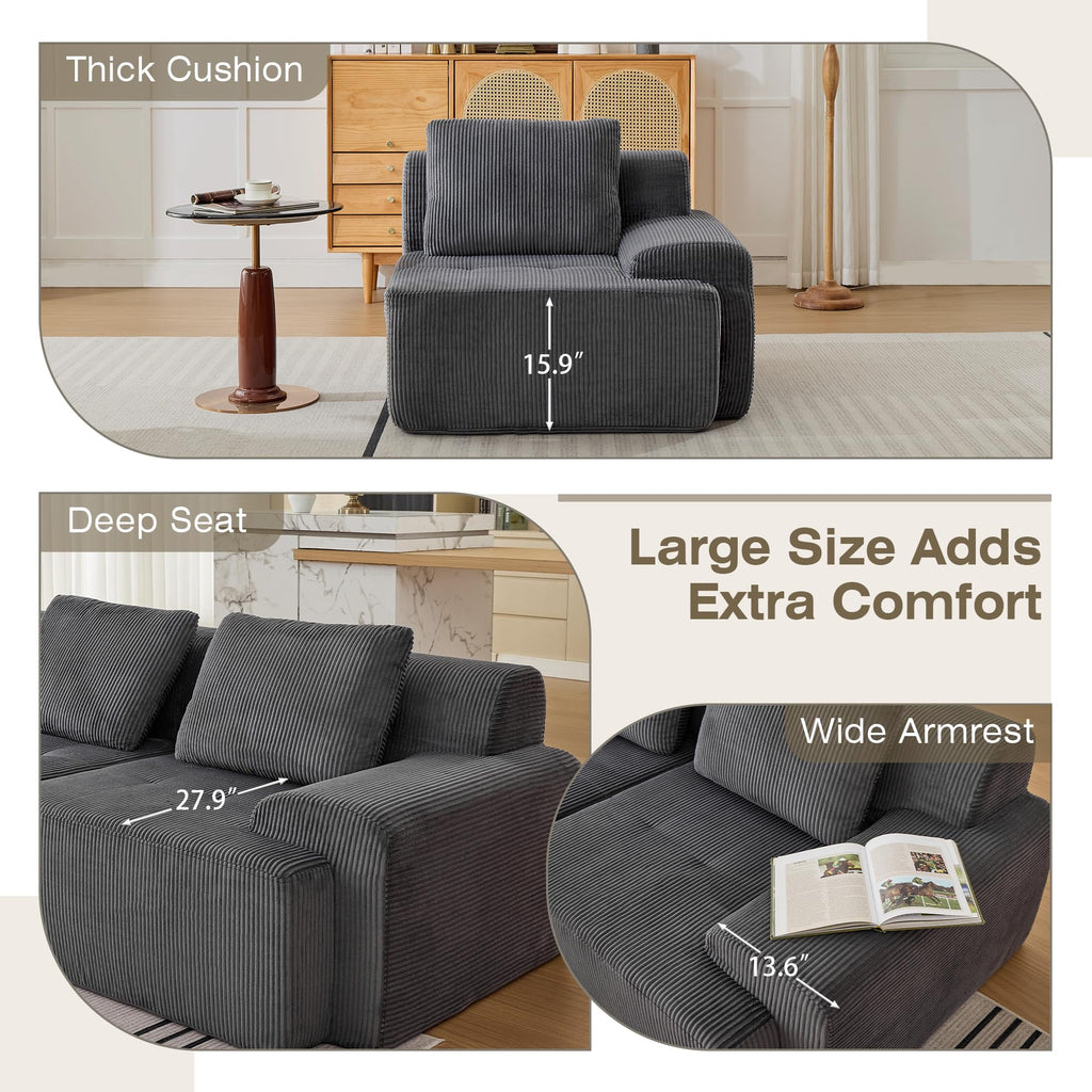 Modular Sectional Sofa, Boneless Couches for Living Room, Corduroy Couch, Big Comfy Couch, Modular Cloud Sofa with Deep Seat (Grey, 2 Pieces-Loveseat)