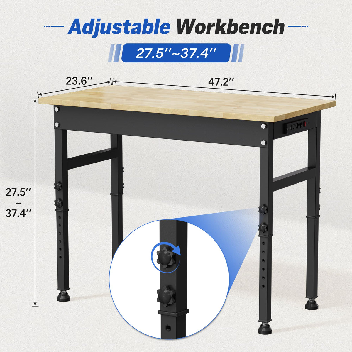 94.5" Heavy Duty Workbench, Height Adjustable Garage Work Table, Workstation Desk with Power Strip2, Workbench with Pegboard, 2000LBS Max Load