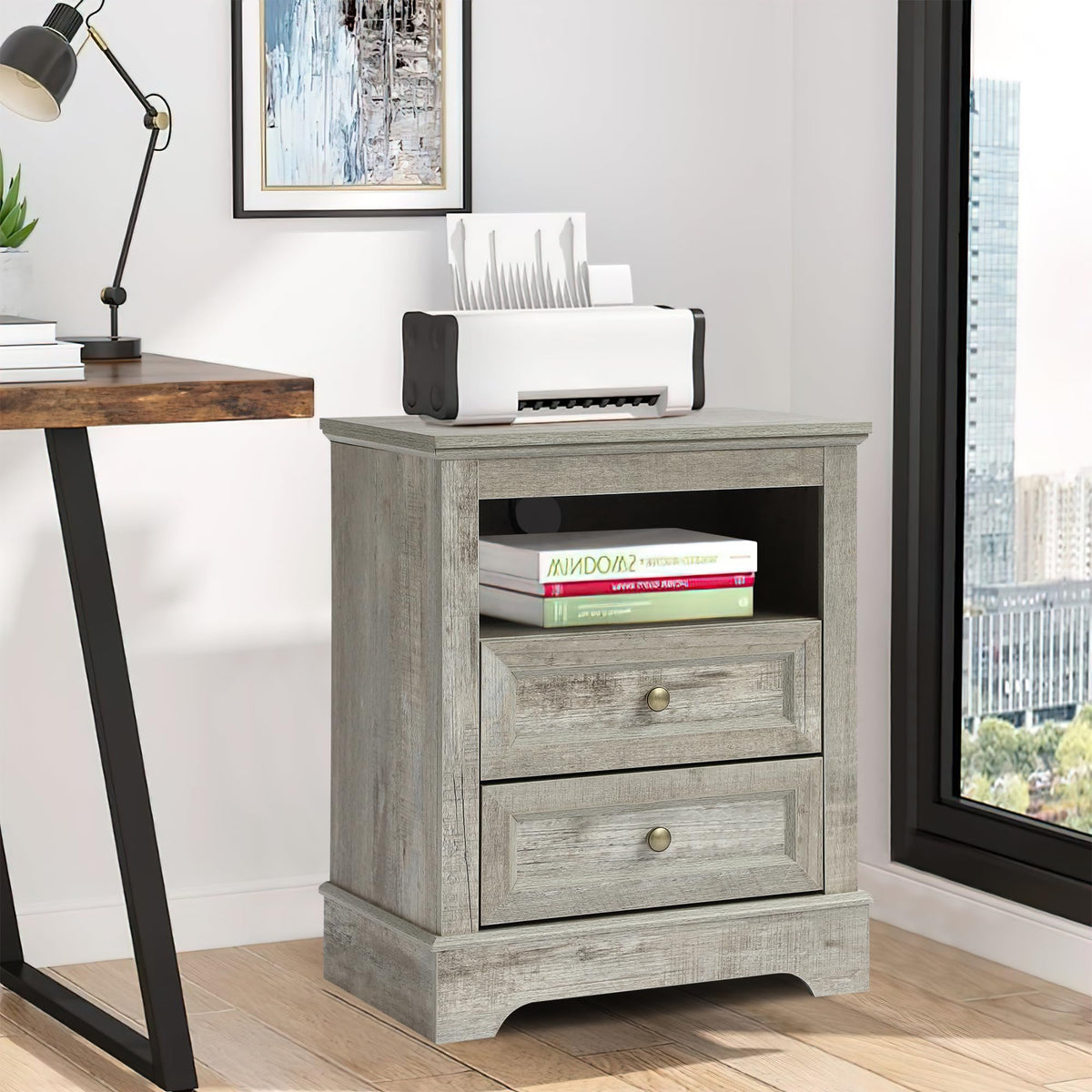 LOUVIXA Nightstand with Charging Station, Farmhouse Night Stand with 2 Drawers, Bedside Cabinet for Bedroom, End Table Side Table with Storage (1, White)