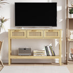 LOUVIXA Boho Entryway Table, Rattan Console Table, Wood Entryway Console, Long Hallway Table with 3 Drawers & Open Shelf for Living Room, Hallway, Corridor, Foyer (White)