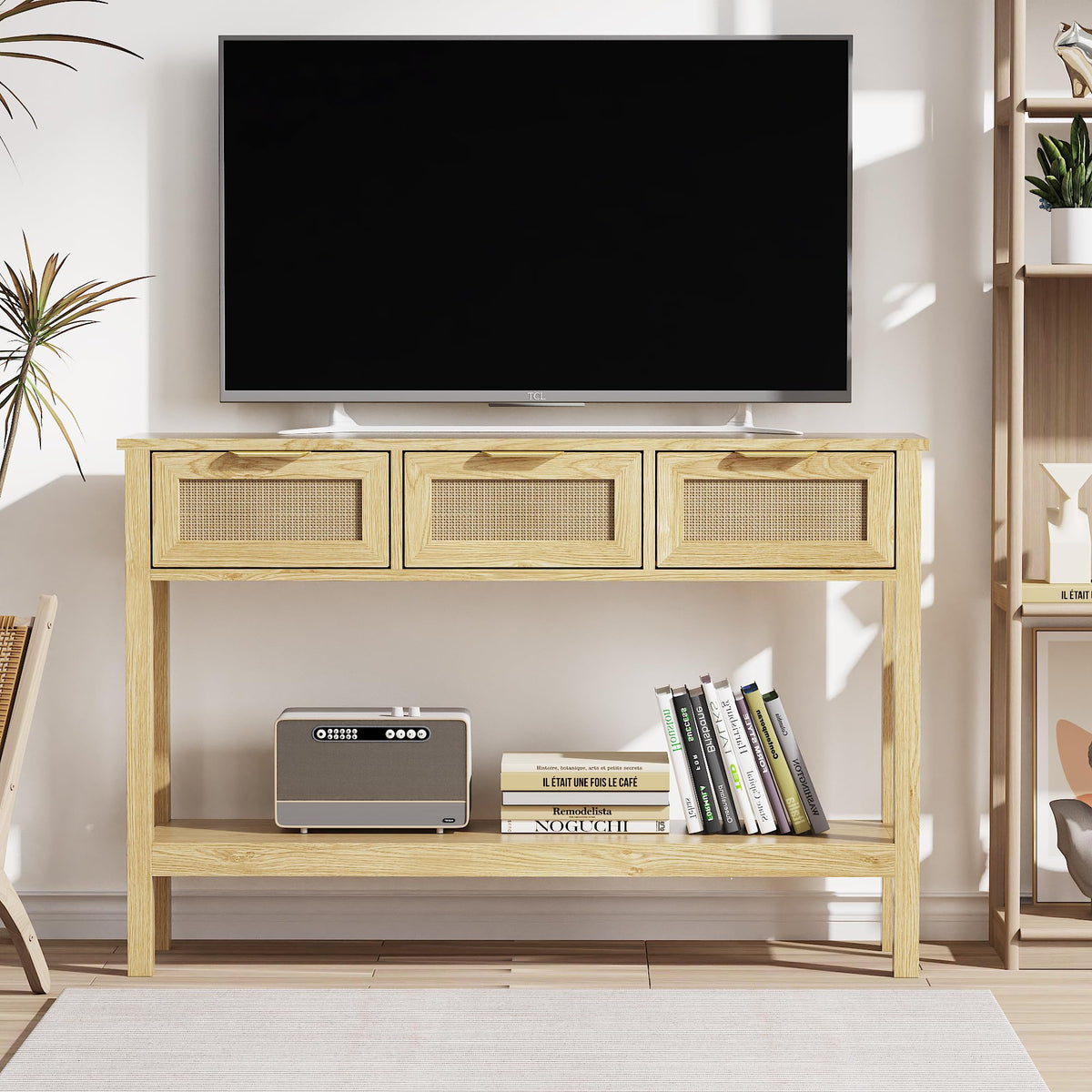 LOUVIXA Boho Entryway Table, Rattan Console Table, Wood Entryway Console, Long Hallway Table with 3 Drawers & Open Shelf for Living Room, Hallway, Corridor, Foyer (White)