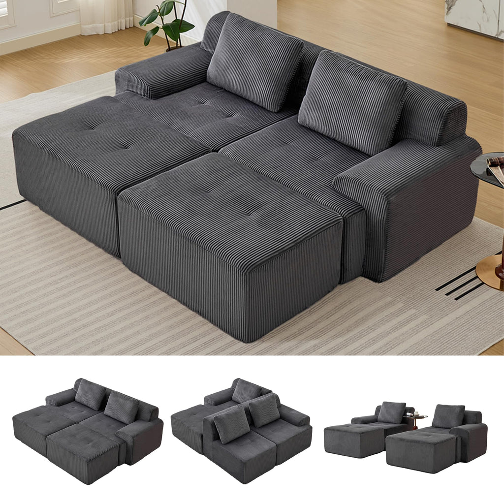 Modular Sectional Sofa, Boneless Couches for Living Room, Corduroy Couch, Big Comfy Couch, Modular Cloud Sofa with Deep Seat (Grey, 2 Pieces-Loveseat)