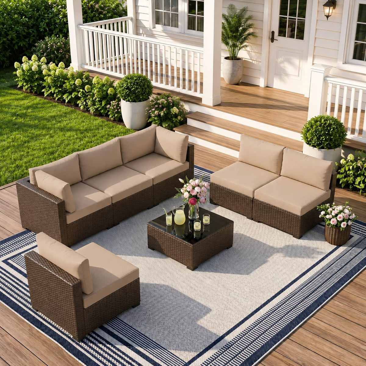 LOUVIXA 7 Piece Outdoor Patio Furniture Set, Rattan Chairs Glass Table Wicker Conversation Seating Sectional Sofa with Cushions (Brown-Camel, 7Pcs-2 Layer Coffee Table)