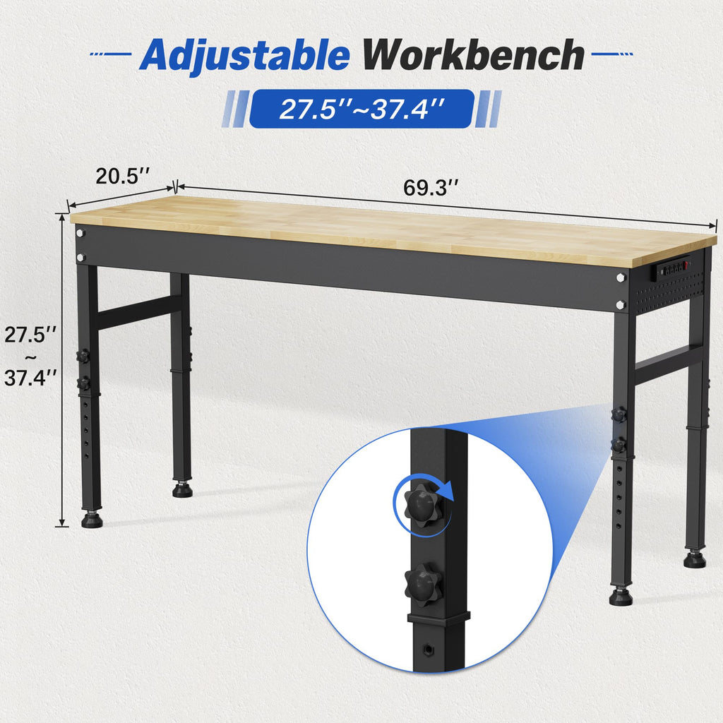 94.5" Heavy Duty Workbench, Height Adjustable Garage Work Table, Workstation Desk with Power Strip2, Workbench with Pegboard, 2000LBS Max Load