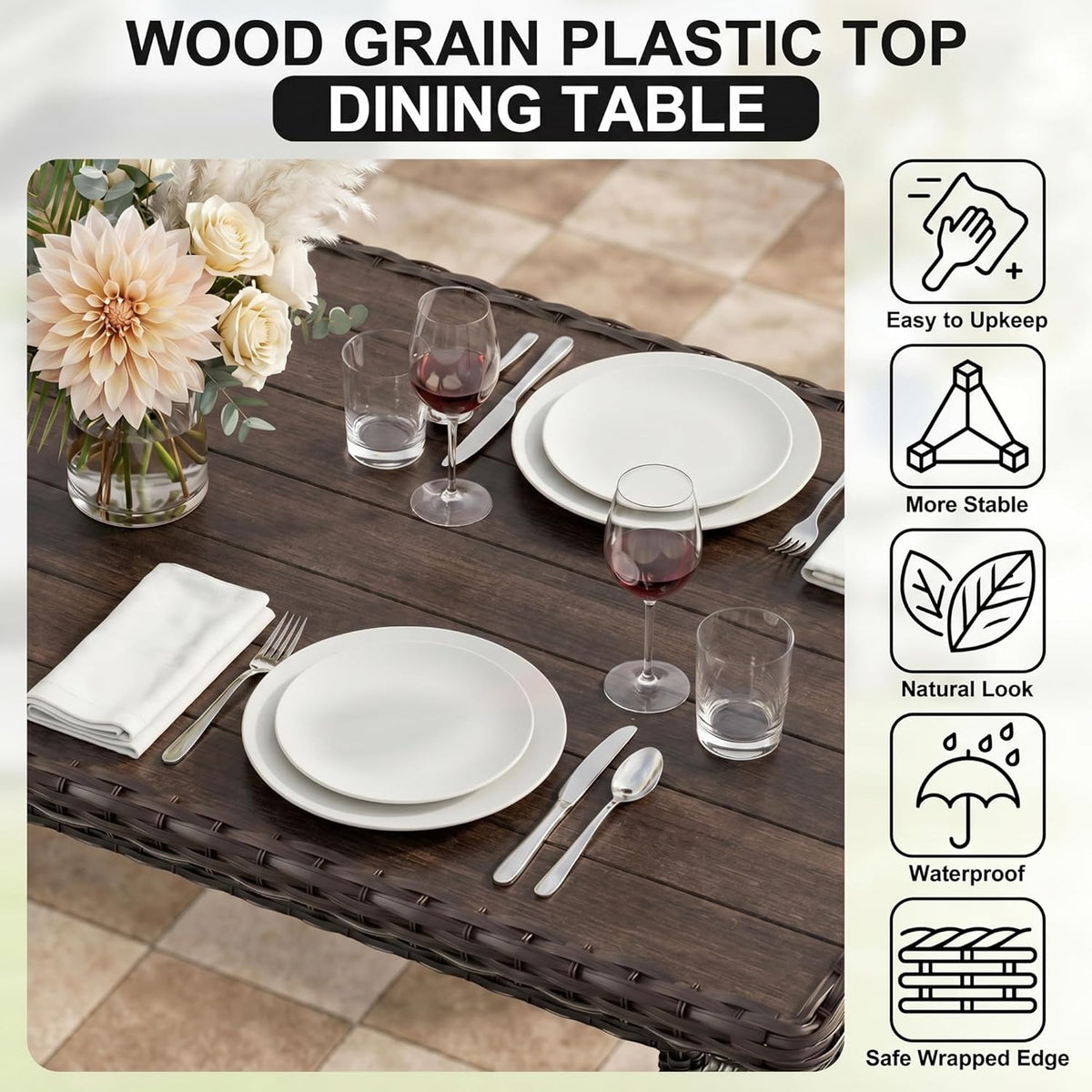 LOUVIXA 7 Pieces Patio Furniture Set, Outdoor Patio Furniture, Wicker Conversation Set with Dining Table, Chairs and Ottoman (6237 Grey-Brown)