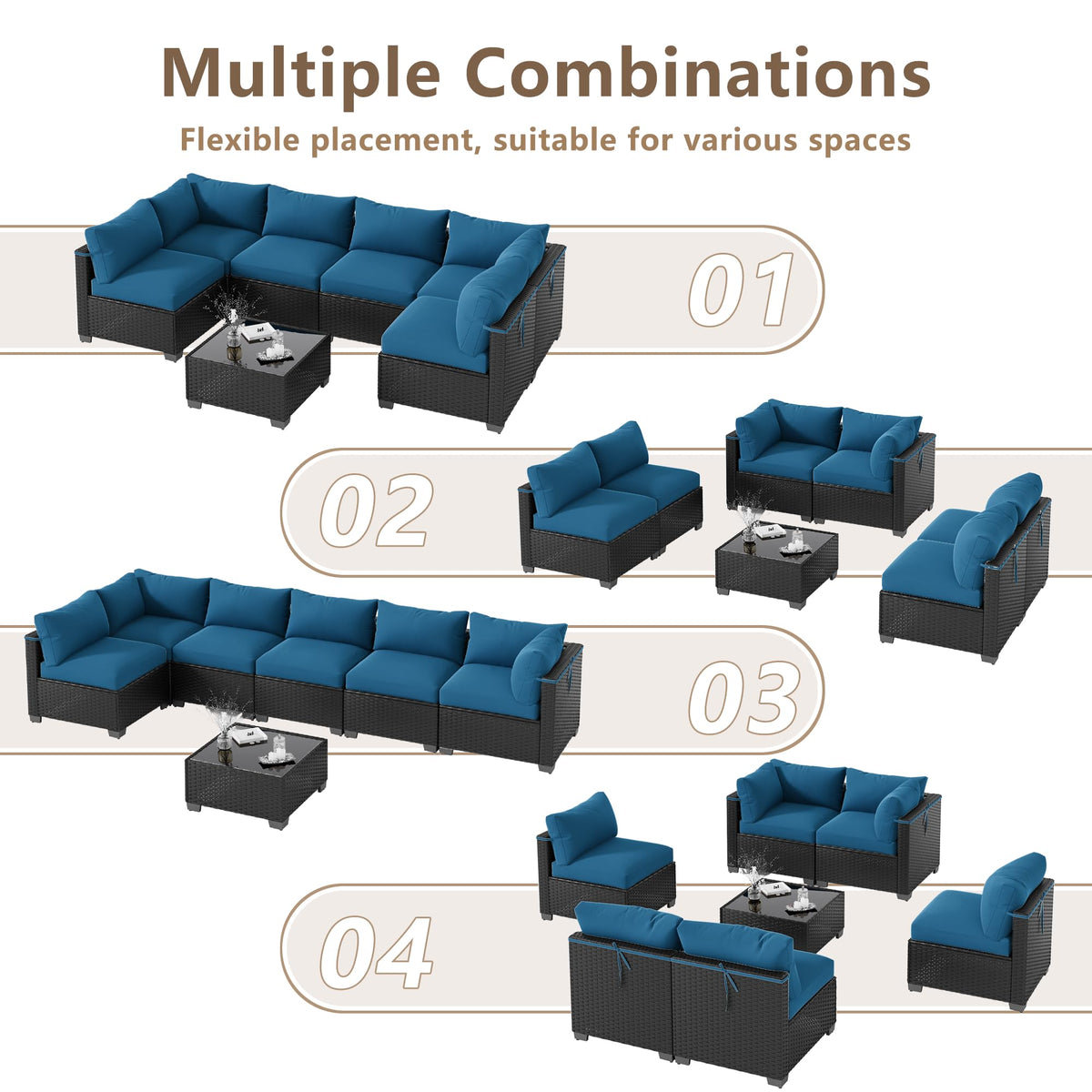 LOUVIXA 7 Piece Outdoor Patio Furniture Set, Rattan Chairs Glass Table Wicker Conversation Seating Sectional Sofa with Cushions (Brown-Camel, 7Pcs-2 Layer Coffee Table)