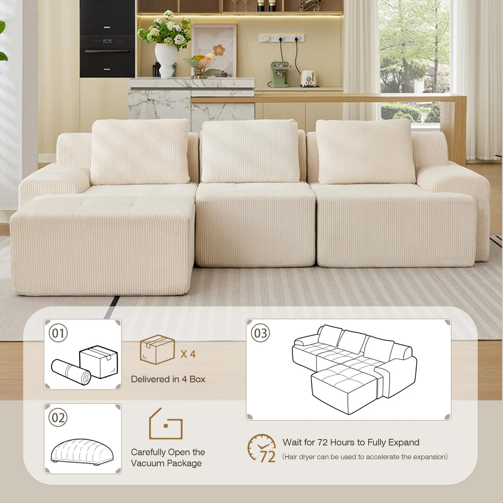 Modular Sectional Sofa, Boneless Couches for Living Room, Corduroy Couch, Big Comfy Couch, Modular Cloud Sofa with Deep Seat (Grey, 2 Pieces-Loveseat)