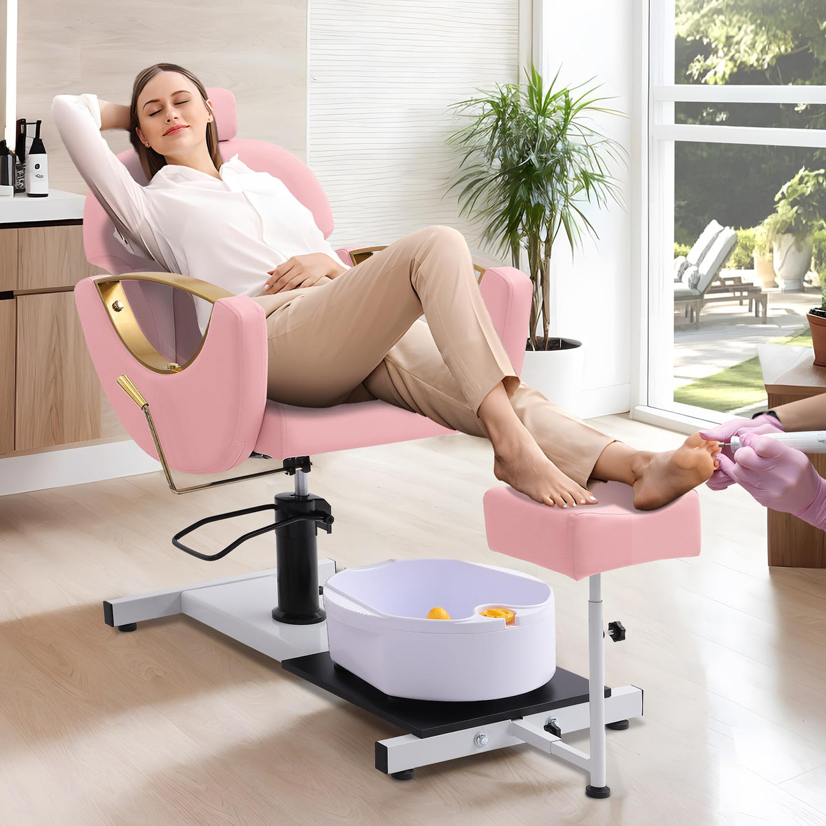 LOUVIXA Pedicure Station No Plumbing, Hydraulic Pedicure Chair for Nail Tech, Height Adjustable Reclining Pedicure Station Unit, with Massage Foot Bath (Cream White-Pillow)