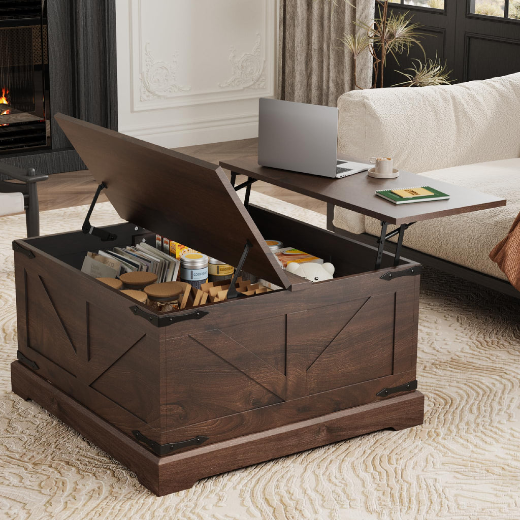 LOUVIXA Farmhouse Lift Top Coffee Table with Hidden Storage Compartment