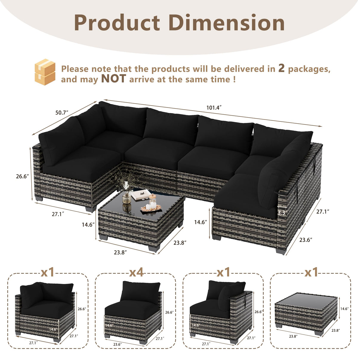 LOUVIXA 7 Piece Outdoor Patio Furniture Set, Rattan Chairs Glass Table Wicker Conversation Seating Sectional Sofa with Cushions (Brown-Camel, 7Pcs-2 Layer Coffee Table)