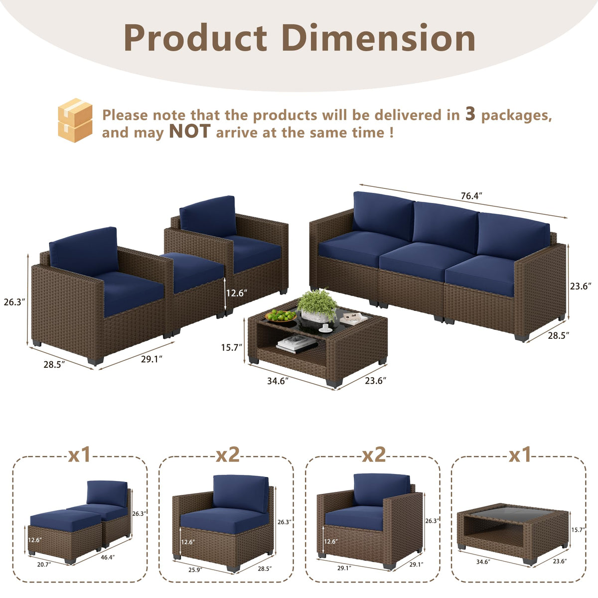 LOUVIXA 7 Piece Outdoor Patio Furniture Set, Rattan Chairs Glass Table Wicker Conversation Seating Sectional Sofa with Cushions (Brown-Camel, 7Pcs-2 Layer Coffee Table)